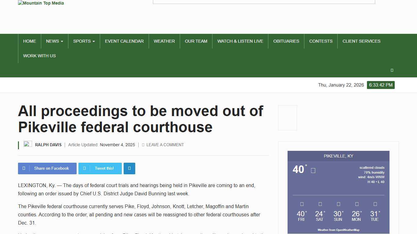 All proceedings to be moved out of Pikeville federal courthouse - Mountain Top Media